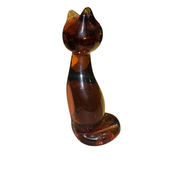 MCM 5.5" Amber Glass Cat Paperweight Figurine, Vintage, Rare Find, Elegant Decor - Picture 7 of 9